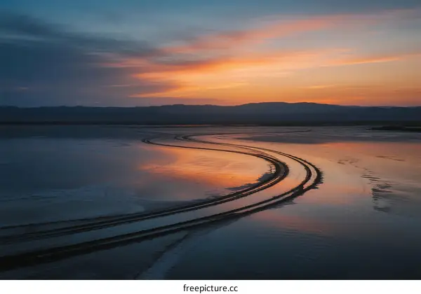 Stunning sunset over a calm water body with winding tracks