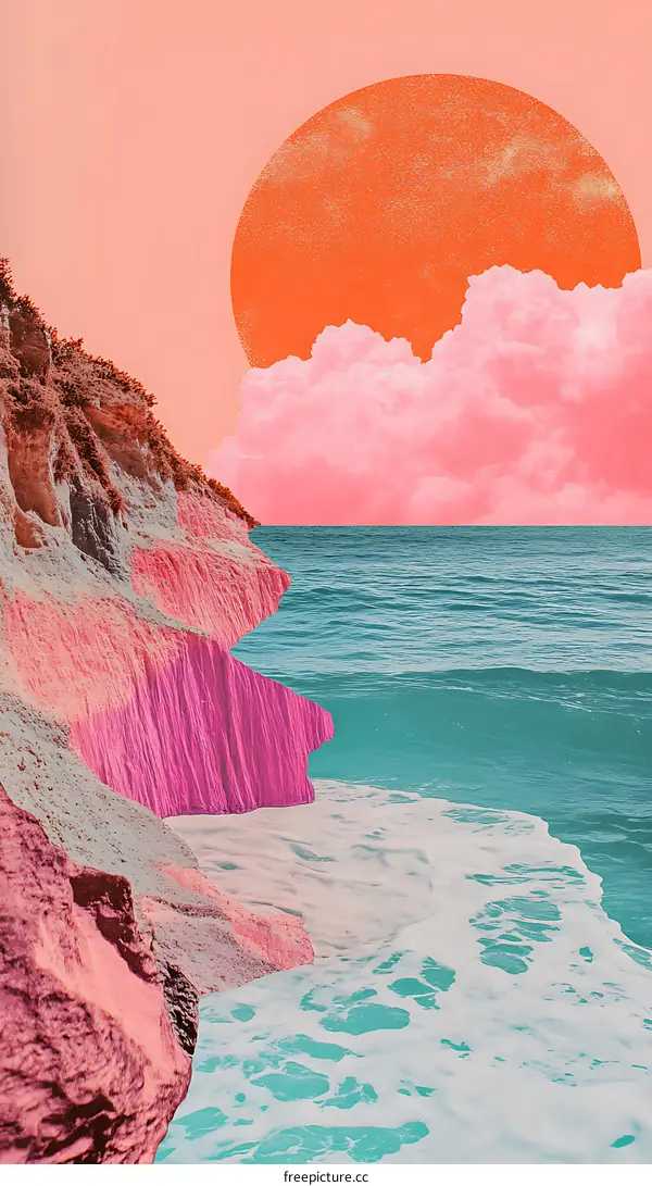 Pink Sunset Over Sea And Cliffs