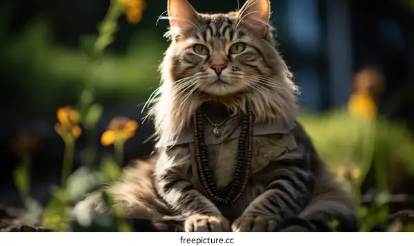 A cat wearing a necklace made of beads and a pendant sits in a field of flowers