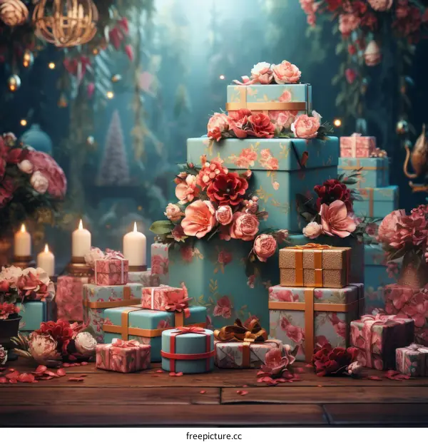 A beautiful image of a stack of wrapped presents with flowers