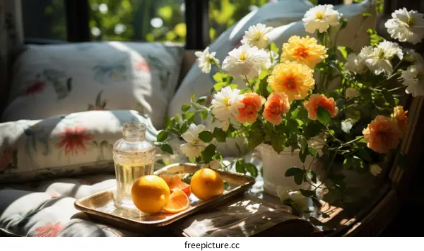 Still life with flowers and fruit