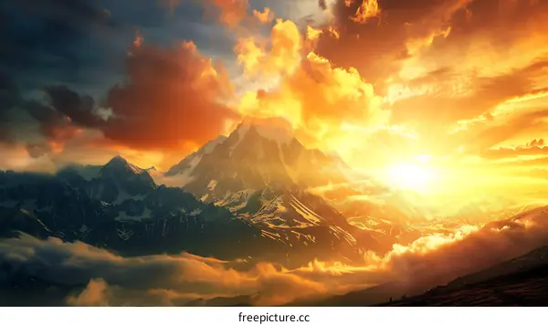 Majestic Mountain Range at Sunset with Golden Clouds