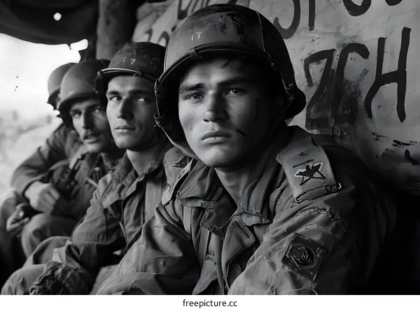 Three American soldiers in a foxhole during the Vietnam War