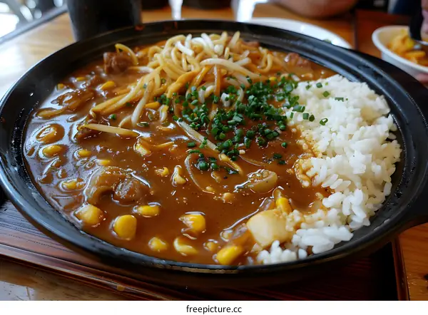 Japanese Curry Rice With Corn, Noodles and Green Onions