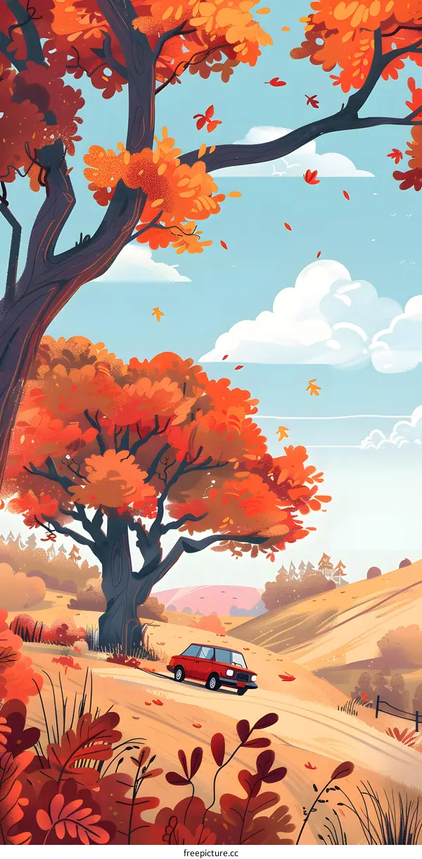 Autumn Landscape with Red Car and Falling Leaves