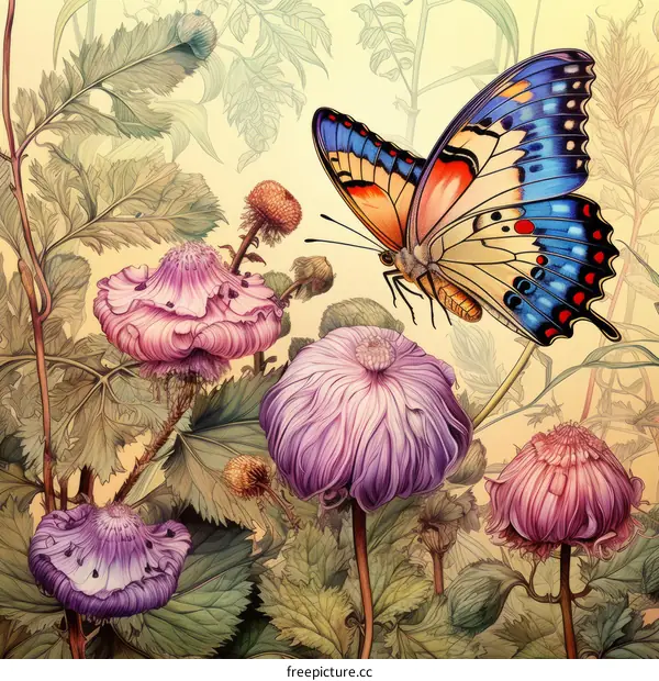 A beautiful illustration of a butterfly and flowers