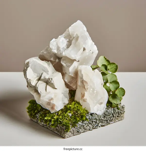 White Crystals and Green Leaves on Moss Base