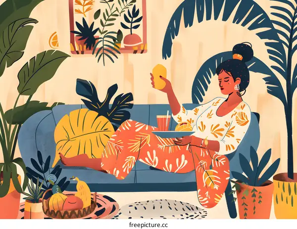 Woman Relaxing on Couch Surrounded by Plants and Fruit
