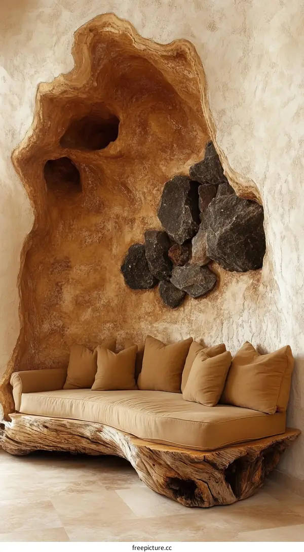 Unique Wooden Sectional Sofa in Cave-like Setting