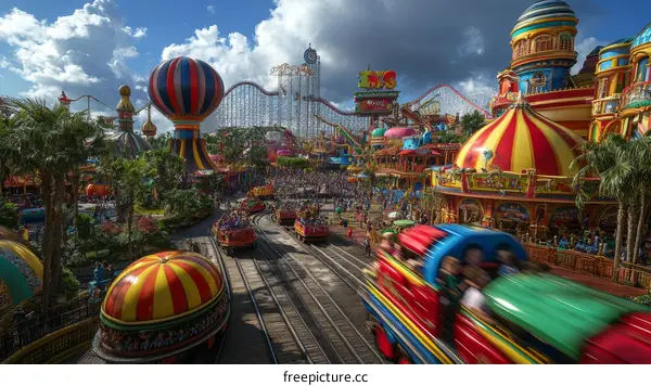 Colorful Amusement Park with People and Rides