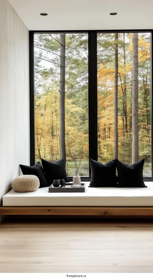 Modern Wooden Bench by Large Windows with Autumn Trees View