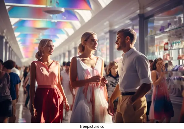 Three people walking and talking in a shopping mall