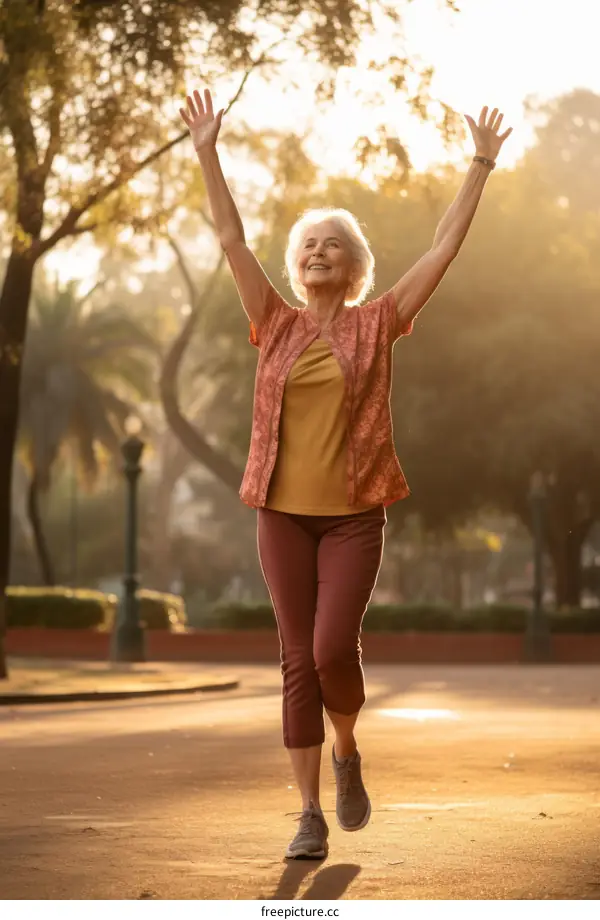 Ecstatic old woman celebrating her freedom and happiness in the park