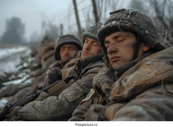 Three soldiers sleeping in a snowy trench