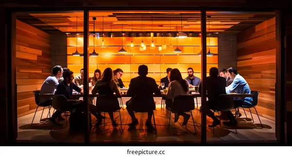 Group of People Sitting at a Table in a Restaurant with Warm Lighting