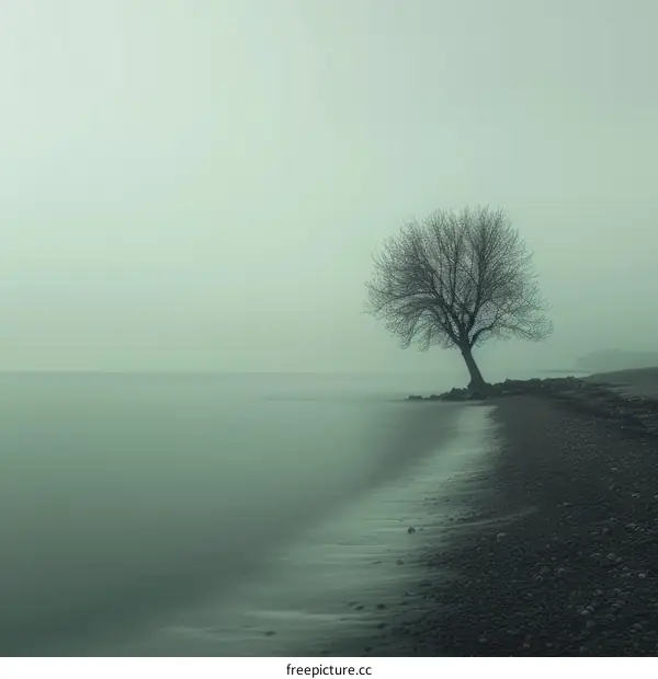 A Solitary Tree on a Rocky Shore in the Fog