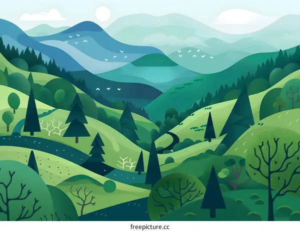 Green Hills and Mountains Illustration