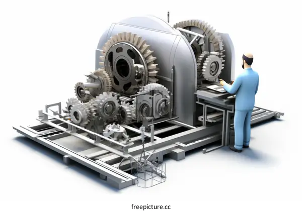 An engineer in a blue uniform is using a laptop to monitor the operation of a large machine.