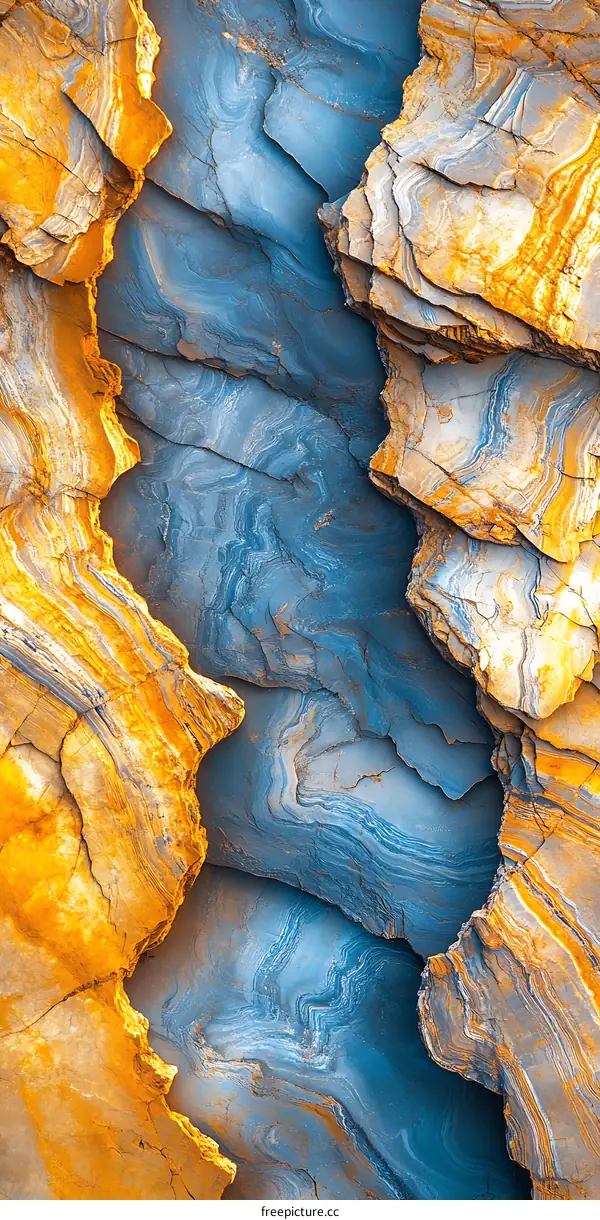 Close Up of Rock Formation with Blue and Gold Layers