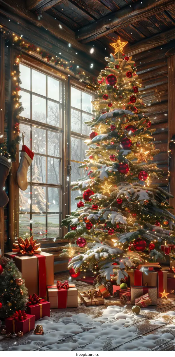 Christmas Tree with Presents and Decorations by Fireplace