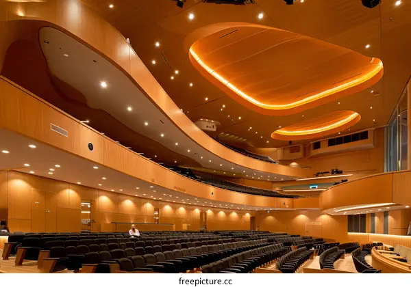 An empty auditorium with a curved wooden ceiling