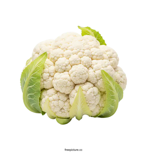 [Transparent Background PNG]Fresh white cauliflower with green leaves on a white background
