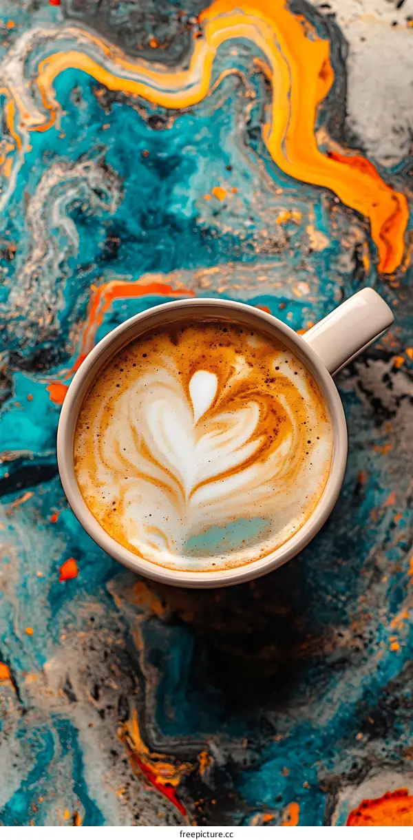 Heart Shaped Latte Art Coffee Cup on Abstract Swirls Background