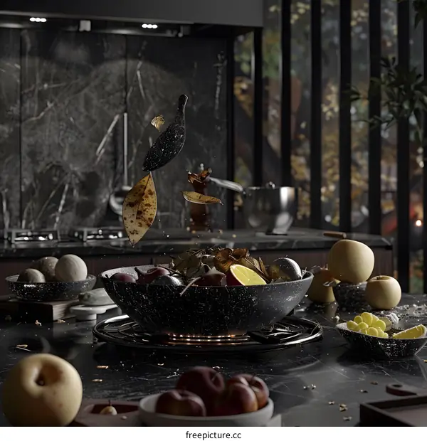 Dark Kitchen Interior with Flying Leaves and Fruit