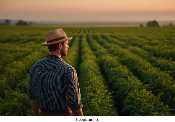 Farmer Stands in a Lush Green Field at Sunrise