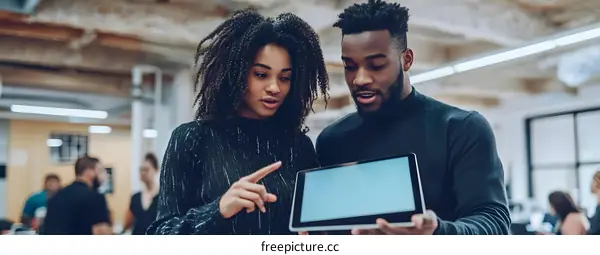 Two Diverse Colleagues Discussing Project on Tablet