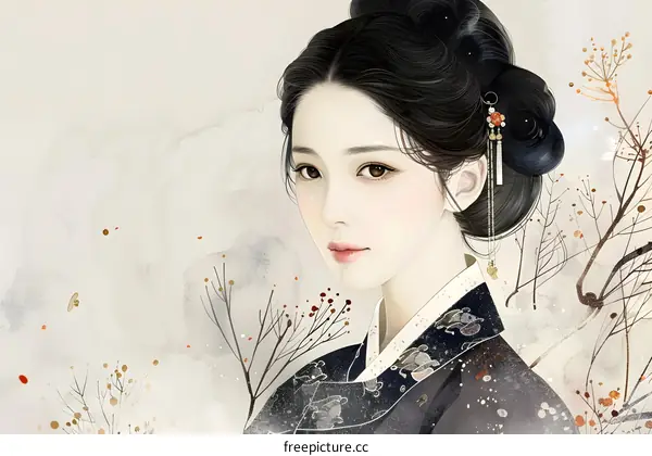 An illustration of a beautiful woman in a traditional Korean dress, with a white background.