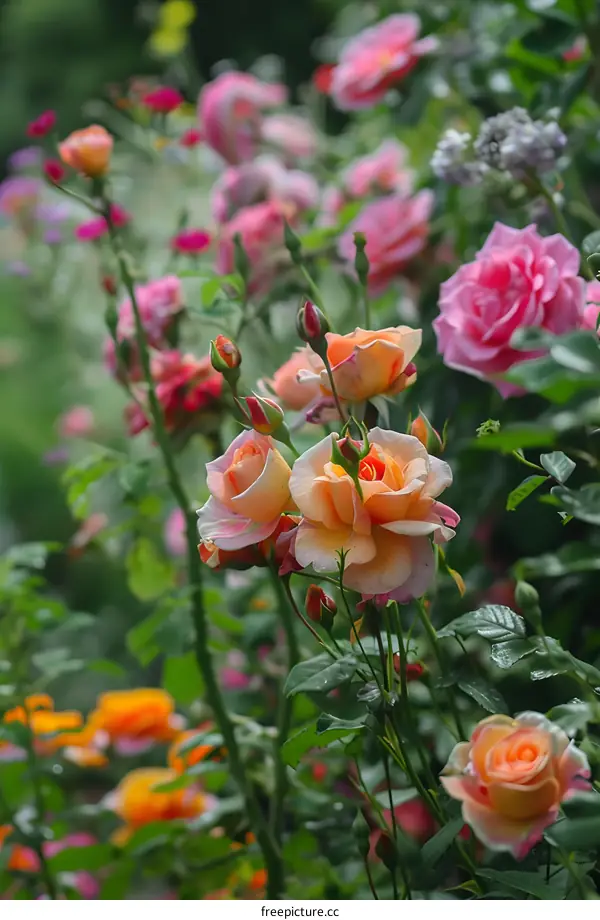 Close Up of Peach and Pink Roses in a Garden