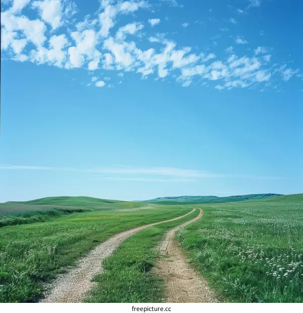 The dirt road through the grassy hills