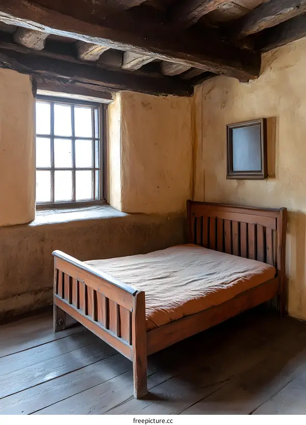 Wooden Bed In A Rustic Room With Exposed Beams