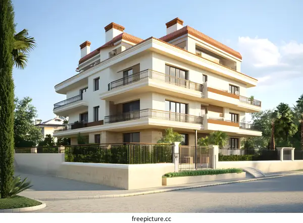 Modern Architecture of a Three Story Building with a Black Fence