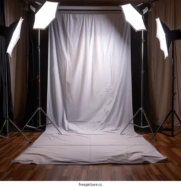 Professional Photography Studio with White Fabric Backdrop and Lighting Equipment