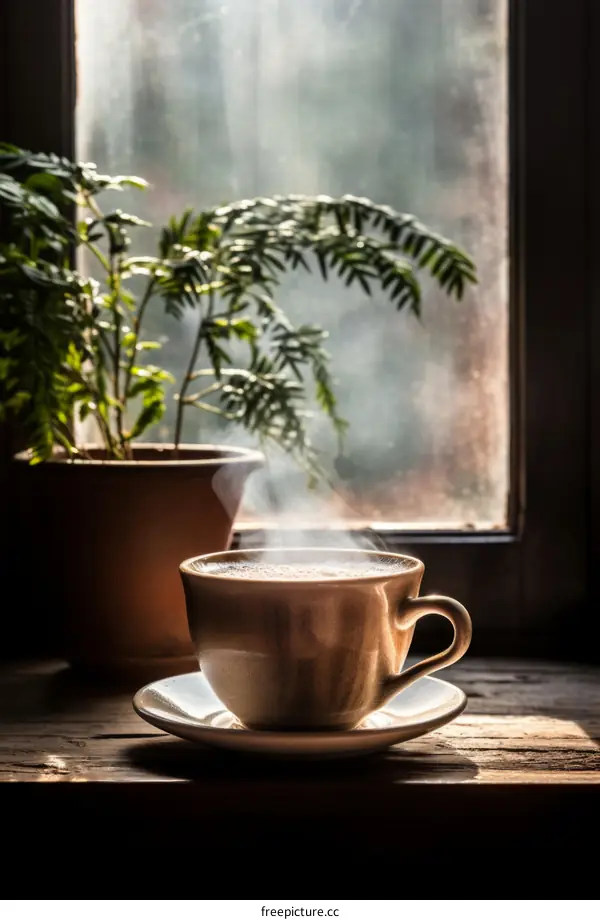 A cup of coffee on a wooden table by the window