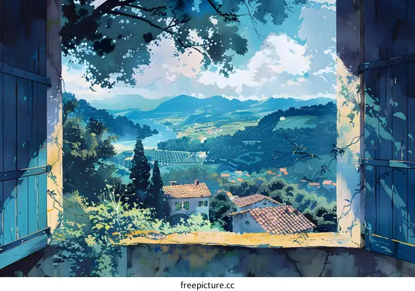 An illustration of a view of a valley from a window