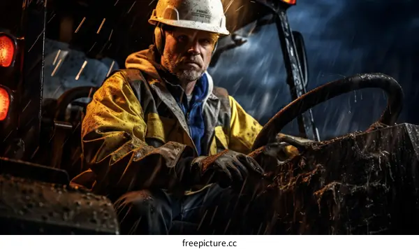 A construction worker operates a backhoe in the rain.