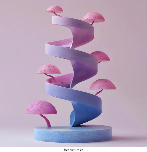 Abstract 3D Illustration of a Spiral Staircase with Pink Mushroom Trees