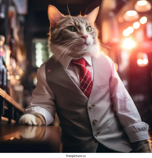A Suited Cat Perched on a Bar Counter