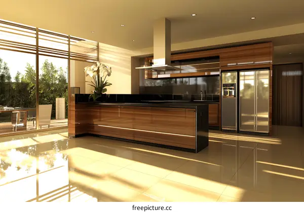 Modern Kitchen Interior Design with Wooden Cabinets and a Large Window