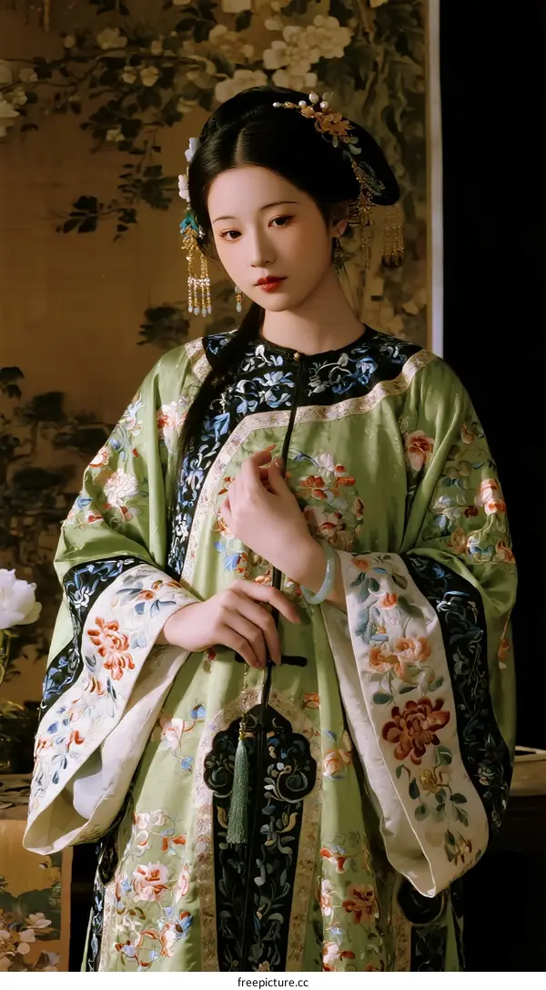 Chinese Traditional Woman in Green Floral Hanfu with Ornament