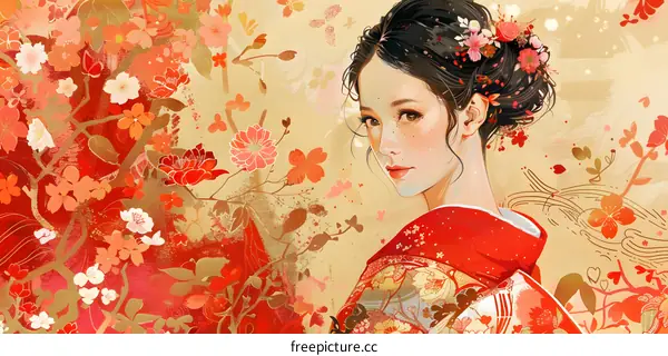 Beautiful Asian Woman in Traditional Japanese Kimono with Floral Pattern