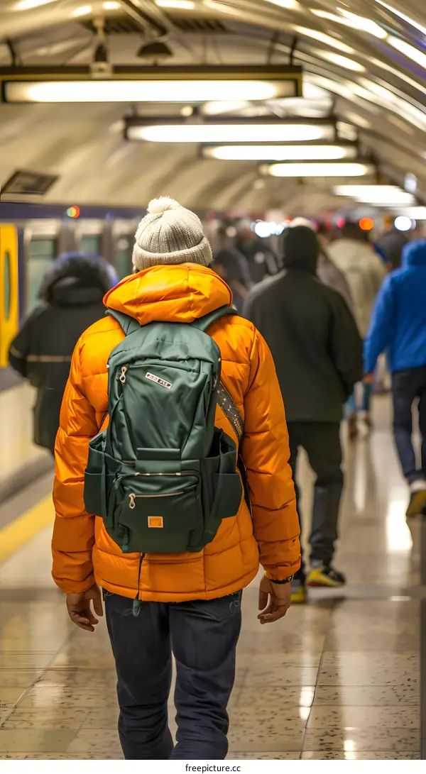 Man with Orange Jacket and Backpack Walking Through Subway Tunnel