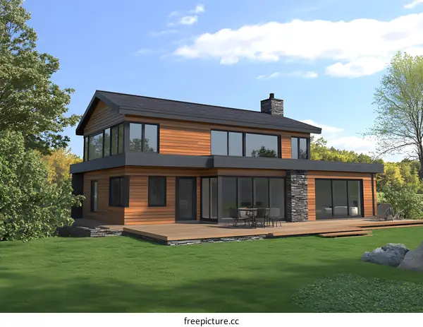 Modern House with Wooden Siding and Large Windows