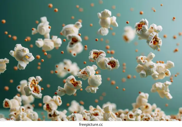 A mid-air shot of unpopped popcorn kernels and popped popcorn against a pale green background.