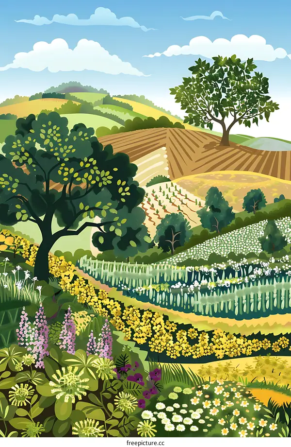 Green Hills and Fields Landscape Illustration