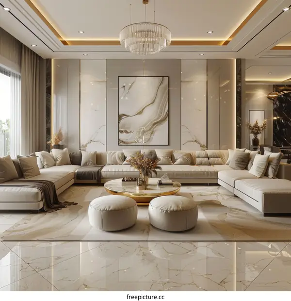 Modern Living Room Interior Design with Marble Wall and Chandelier