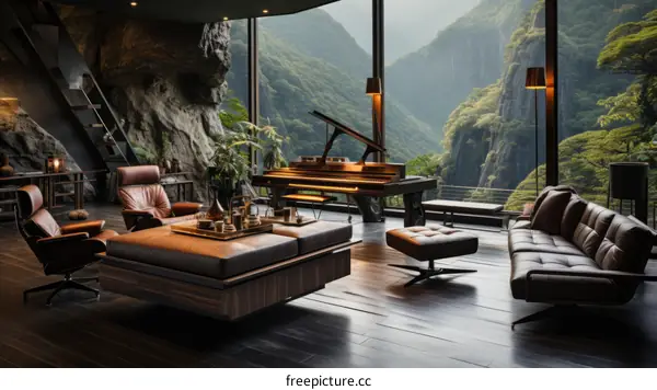 Modern living room interior with large windows and amazing mountain view